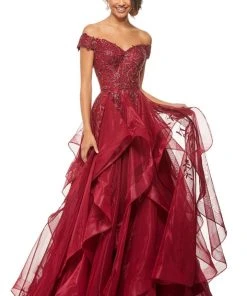 Sherri Hill - 52880 Metallic Lace Off The Shoulder Tulle Ballgown