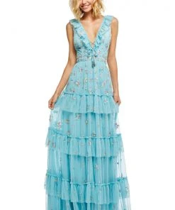 Sherri Hill - 52884 Embroidered Deep V-neck Layered Ruffled Dress 13 Sherri Hill - 52884 Embroidered Deep V-neck Layered Ruffled Dress