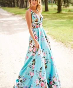 Sherri Hill - 52909 Floral Print Deep V-neck A-line Dress