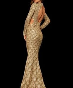 Sherri Hill - 52916 Beaded Long Sleeve Sexy Open Back Dress 16 Sherri Hill - 52916 Beaded Long Sleeve Sexy Open Back Dress