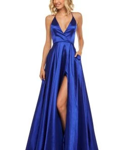 Sherri Hill - 52921 Halter Neck Satin A-line Dress With Slit 22 Sherri Hill - 52921 Halter Neck Satin A-line Dress With Slit