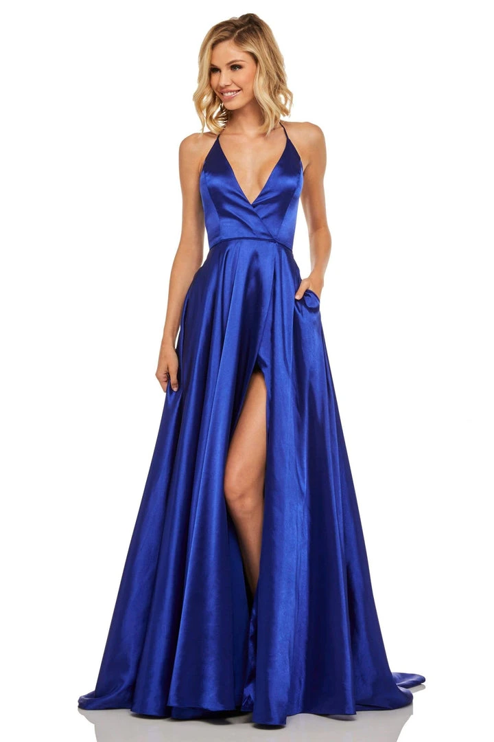 Sherri Hill - 52921 Halter Neck Satin A-line Dress With Slit 11 Sherri Hill - 52921 Halter Neck Satin A-line Dress With Slit