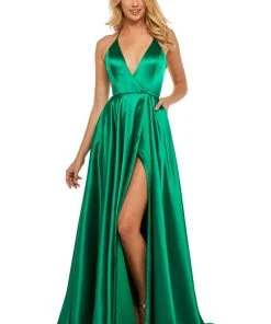 Sherri Hill - 52921 Halter Neck Satin A-line Dress With Slit