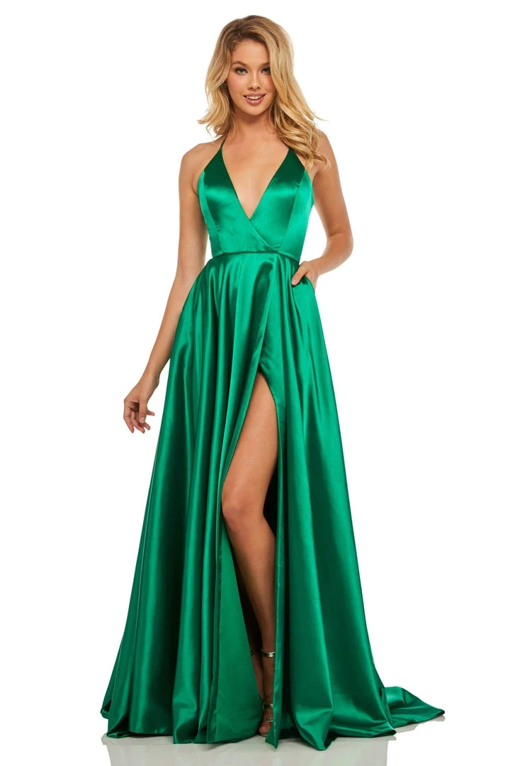 Sherri Hill - 52921 Halter Neck Satin A-line Dress With Slit 3 Sherri Hill - 52921 Halter Neck Satin A-line Dress With Slit