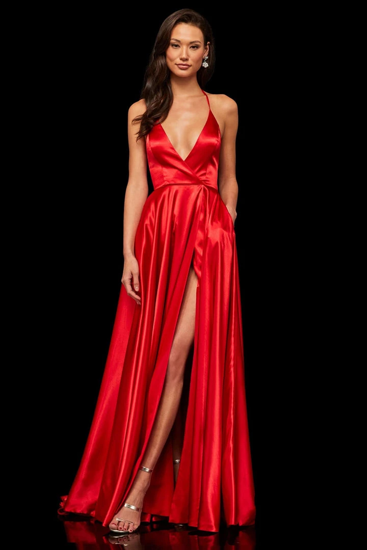 Sherri Hill - 52921 Halter Neck Satin A-line Dress With Slit 6 Sherri Hill - 52921 Halter Neck Satin A-line Dress With Slit