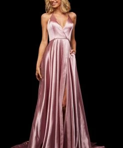 Sherri Hill - 52921 Halter Neck Satin A-line Dress With Slit 21 Sherri Hill - 52921 Halter Neck Satin A-line Dress With Slit