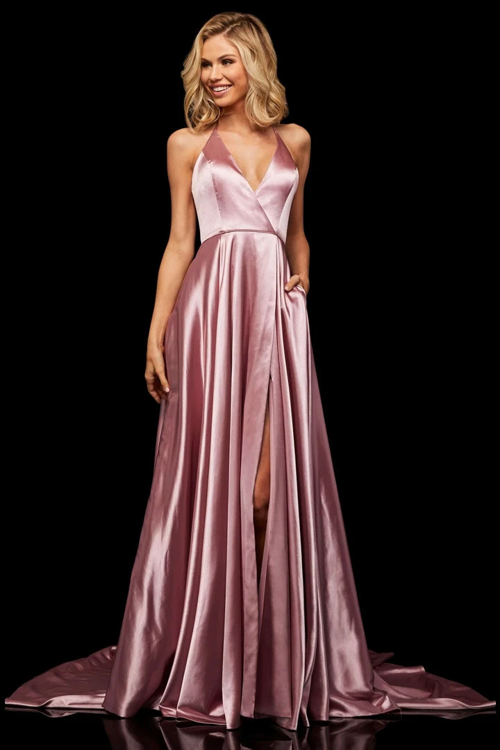 Sherri Hill - 52921 Halter Neck Satin A-line Dress With Slit 10 Sherri Hill - 52921 Halter Neck Satin A-line Dress With Slit