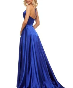 Sherri Hill - 52921 Halter Neck Satin A-line Dress With Slit 23 Sherri Hill - 52921 Halter Neck Satin A-line Dress With Slit
