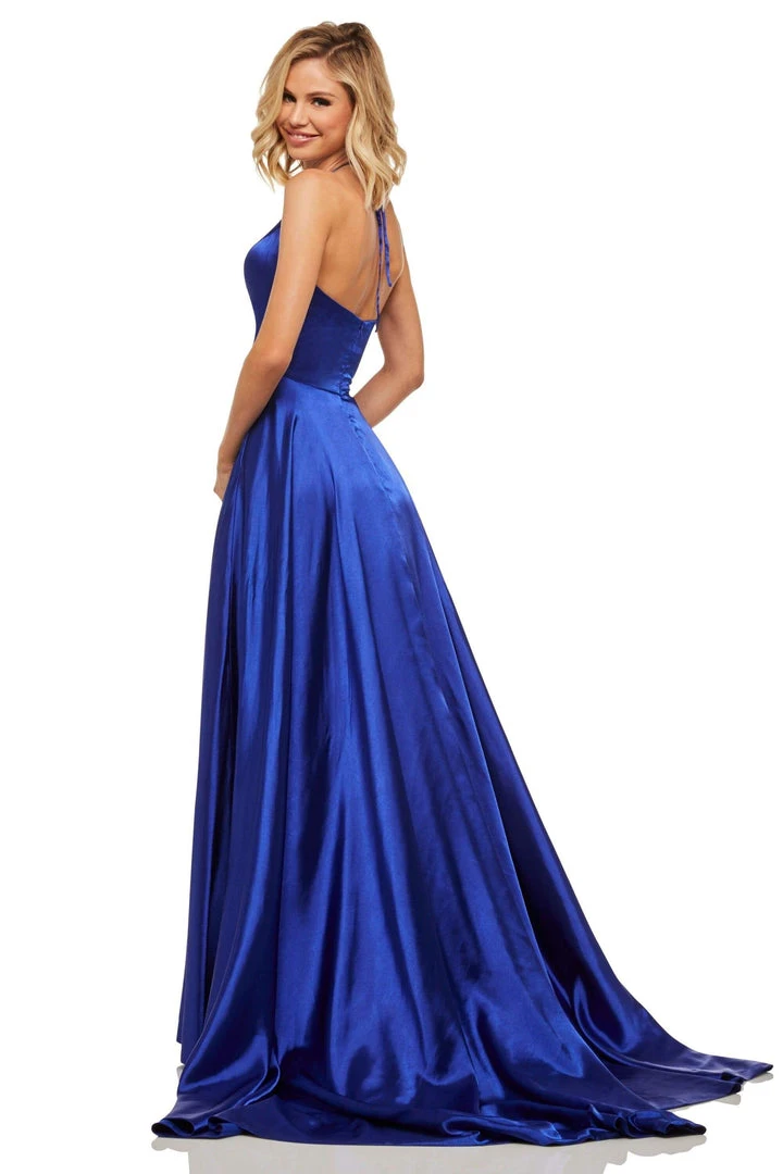 Sherri Hill - 52921 Halter Neck Satin A-line Dress With Slit 12 Sherri Hill - 52921 Halter Neck Satin A-line Dress With Slit