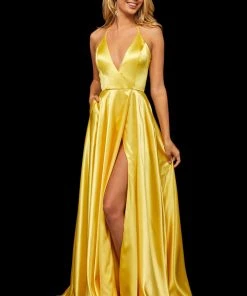 Sherri Hill - 52921 Halter Neck Satin A-line Dress With Slit 24 Sherri Hill - 52921 Halter Neck Satin A-line Dress With Slit