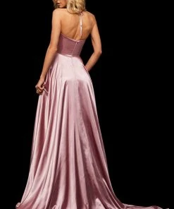 Sherri Hill - 52921 Halter Neck Satin A-line Dress With Slit 20 Sherri Hill - 52921 Halter Neck Satin A-line Dress With Slit