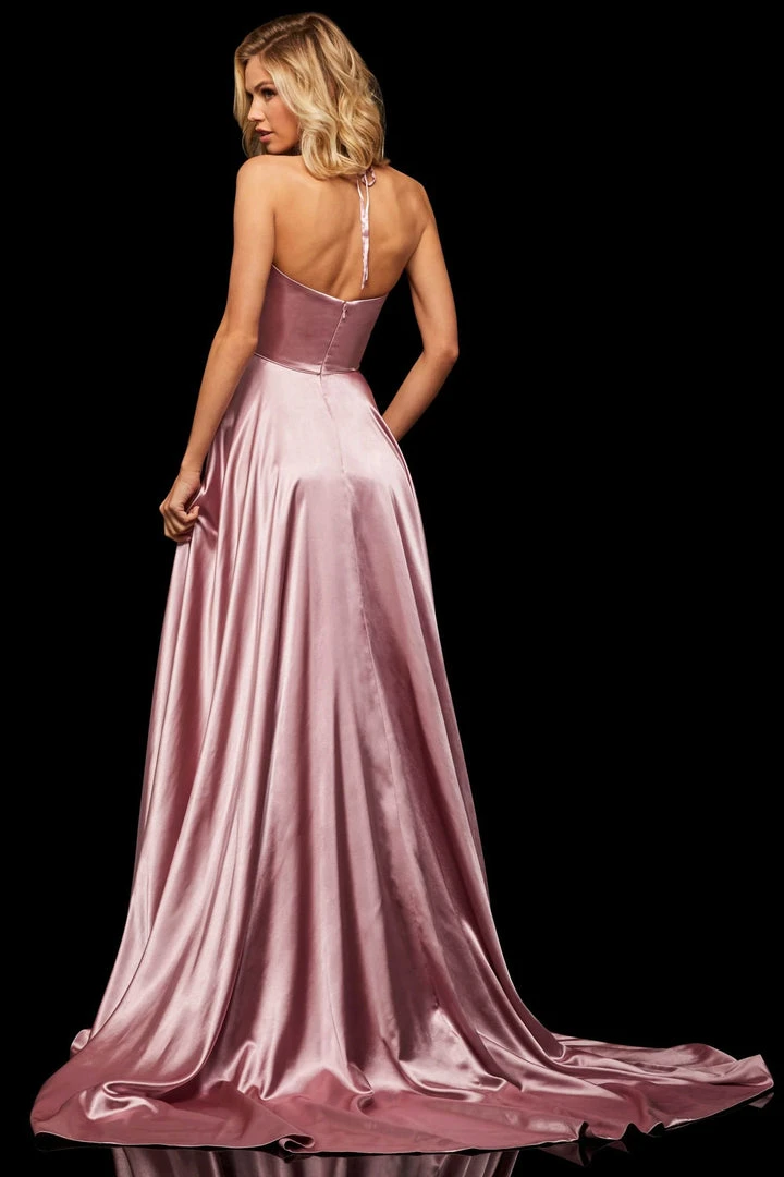 Sherri Hill - 52921 Halter Neck Satin A-line Dress With Slit 9 Sherri Hill - 52921 Halter Neck Satin A-line Dress With Slit