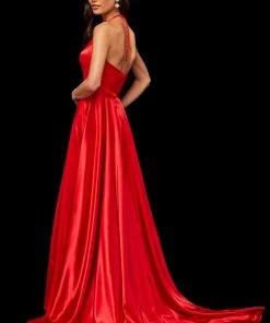 Sherri Hill - 52921 Halter Neck Satin A-line Dress With Slit 18 Sherri Hill - 52921 Halter Neck Satin A-line Dress With Slit