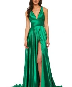 Sherri Hill - 52922 Satin V- Neckline A Line Dress With Sultry Slit