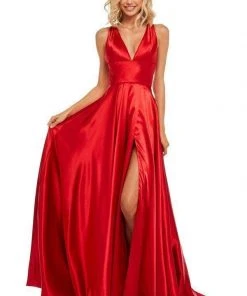 Sherri Hill - 52922 Satin V- Neckline A Line Dress With Sultry Slit 8 Sherri Hill - 52922 Satin V- Neckline A Line Dress With Sultry Slit