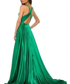 Sherri Hill - 52922 Satin V- Neckline A Line Dress With Sultry Slit