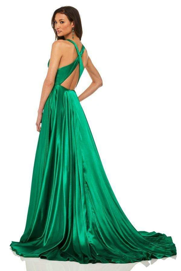 Sherri Hill - 52922 Satin V- Neckline A Line Dress With Sultry Slit 4 Sherri Hill - 52922 Satin V- Neckline A Line Dress With Sultry Slit