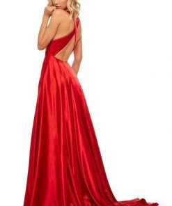 Sherri Hill - 52922 Satin V- Neckline A Line Dress With Sultry Slit 9 Sherri Hill - 52922 Satin V- Neckline A Line Dress With Sultry Slit