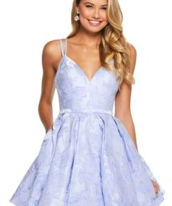 Sherri Hill - 52983 Plunging V-neck Brocade Short A-line Dress