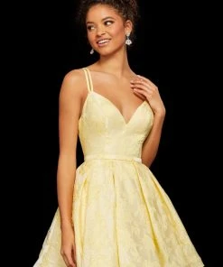 Sherri Hill - 52983 Plunging V-neck Brocade Short A-line Dress