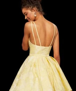 Sherri Hill - 52983 Plunging V-neck Brocade Short A-line Dress