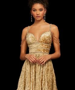 Sherri Hill - 53065 Beaded Deep V-neck Velvet Short A-line Dress