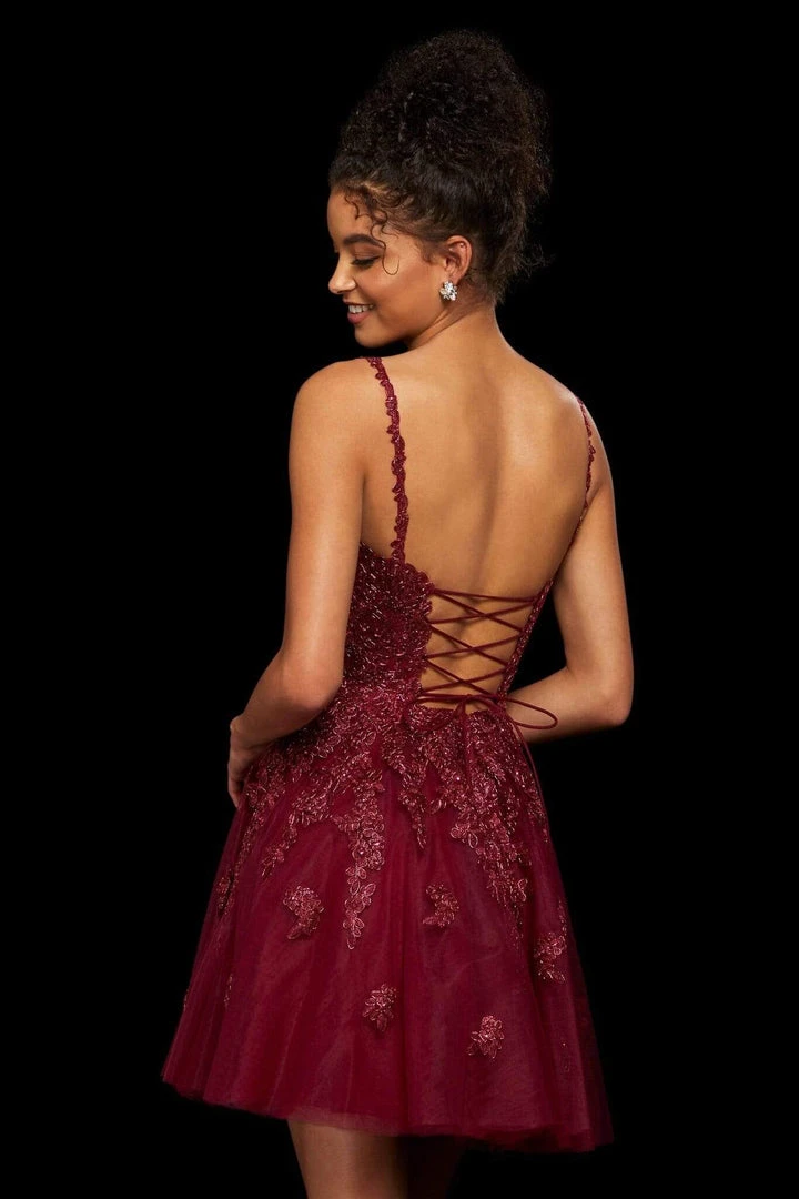 Sherri Hill - 53098 Trailing Lace Appliqued Short A Line Dress 8 Sherri Hill - 53098 Trailing Lace Appliqued Short A Line Dress