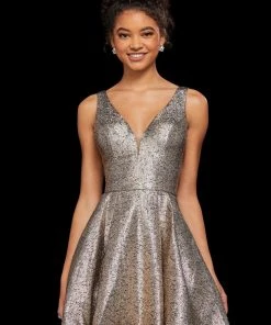 Sherri Hill - 53106 Short Deep V-neck Glitter Fabric A-line Dress 8 Sherri Hill - 53106 Short Deep V-neck Glitter Fabric A-line Dress