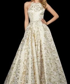 Sherri Hill - 53253 Long Halter Neck Jacquard A-line Dress