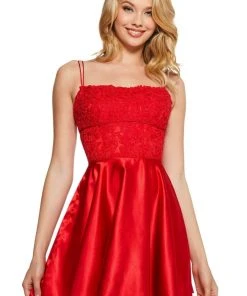 Sherri Hill - 53258 Short Lace Straight Neck Satin A-line Dress