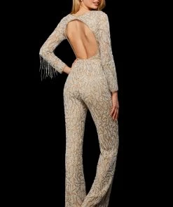 Sherri Hill - 53277 Beaded Long Sleeve Deep V-neck Jumpsuit
