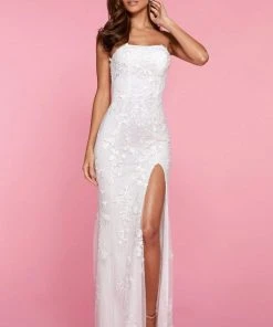 Sherri Hill - 53345 High Slit Straight Neck Strapless Lace Dress 21 Sherri Hill - 53345 High Slit Straight Neck Strapless Lace Dress