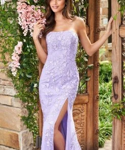 Sherri Hill - 53345 High Slit Straight Neck Strapless Lace Dress 24 Sherri Hill - 53345 High Slit Straight Neck Strapless Lace Dress