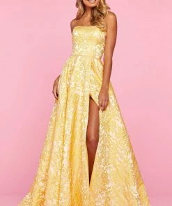 Sherri Hill - 53379 Strapless Brocade A-line Gown With Slit