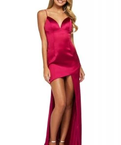 Sherri Hill - 53389 V-Neck Satin High-Low Fitted Dress