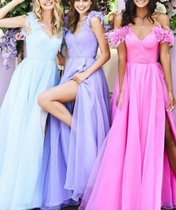 Sherri Hill - 53417 Feathered Ruched V-Neck Chiffon A-Line Dress