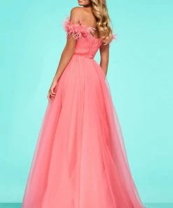 Sherri Hill - 53417 Feathered Ruched V-Neck Chiffon A-Line Dress
