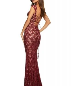 Sherri Hill - 53446 Lace Up Scoop Back Long Lace Dress