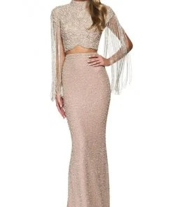 Sherri Hill - 54057 Two-Piece Bead-Fringed High Neck Gown