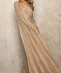 Sherri Hill - 54232 Beaded Asymmetric Sheath Dress With Side Cape