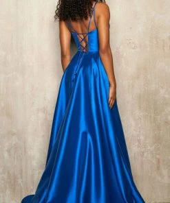 Sherri Hill - 54243 Plunging V-Neck High Slit A-Line Silk Mikado Gown