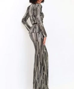 Tarik Ediz - 93892 Long Sleeve Deep V-neck Satin Jumpsuit