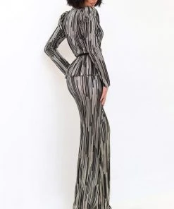 Tarik Ediz - 93892 Long Sleeve Deep V-neck Satin Jumpsuit