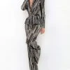 Tarik Ediz - 93892 Long Sleeve Deep V-neck Satin Jumpsuit