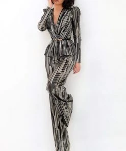Tarik Ediz - 93892 Long Sleeve Deep V-neck Satin Jumpsuit