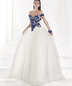 Tarik Ediz - Off The Shoulder Filigree Patterned Tulle Gown 92613