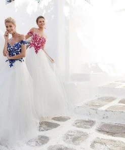 Tarik Ediz - Off The Shoulder Filigree Patterned Tulle Gown 92613