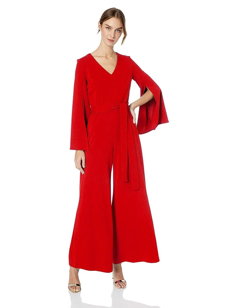 Long Dresses Taylor - 1140MJ V Neck Split Flared Long Sleeved Solid Jersey Jumpsuit 9 Long Dresses Taylor - 1140MJ V Neck Split Flared Long Sleeved Solid Jersey Jumpsuit